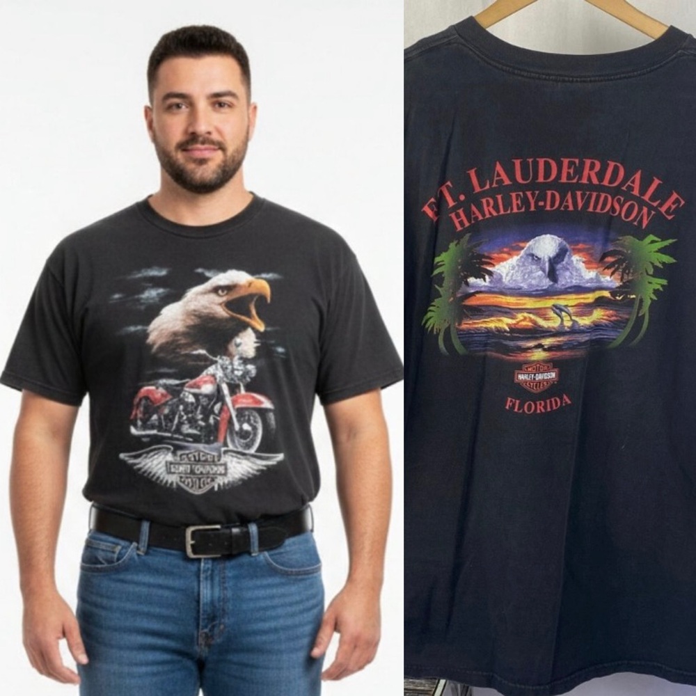 Harley Davidson Black Ft Lauderdale Short Sleeve Eagle Dolphin Beach T Shirt 2XL